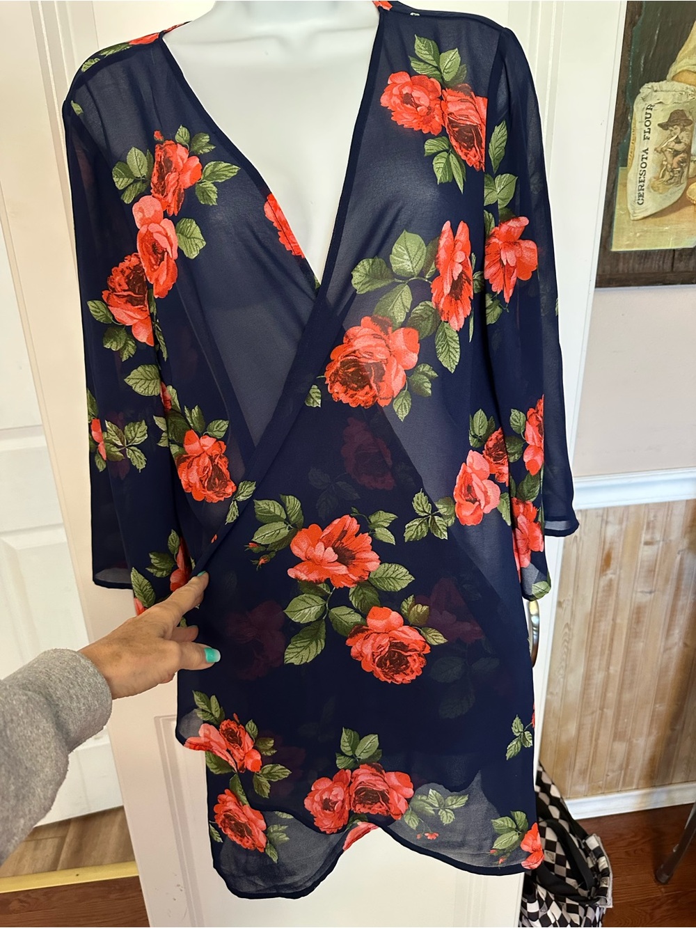 Navy Floral Sheer Wrap Tunic with Red Rose Print